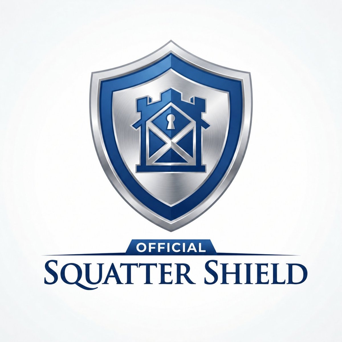 Official Squatter Shield logo featuring a blue and silver shield with a house icon and crossed keys inside
